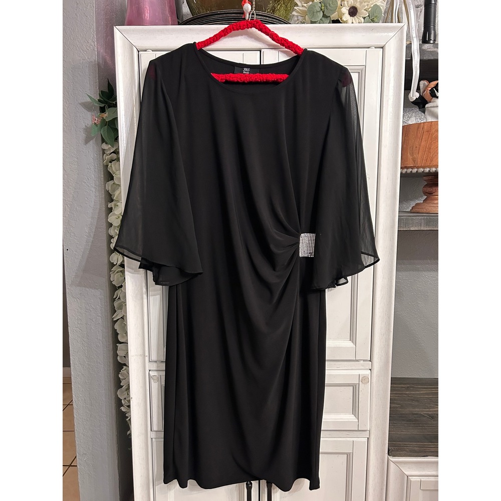 Black Sheer Flutter Sleeve Rhinestone Draped Cocktail Dress LARGE - Picture 10 of 10